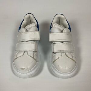 White and Blue Low Top Sneakers with Velcro Straps